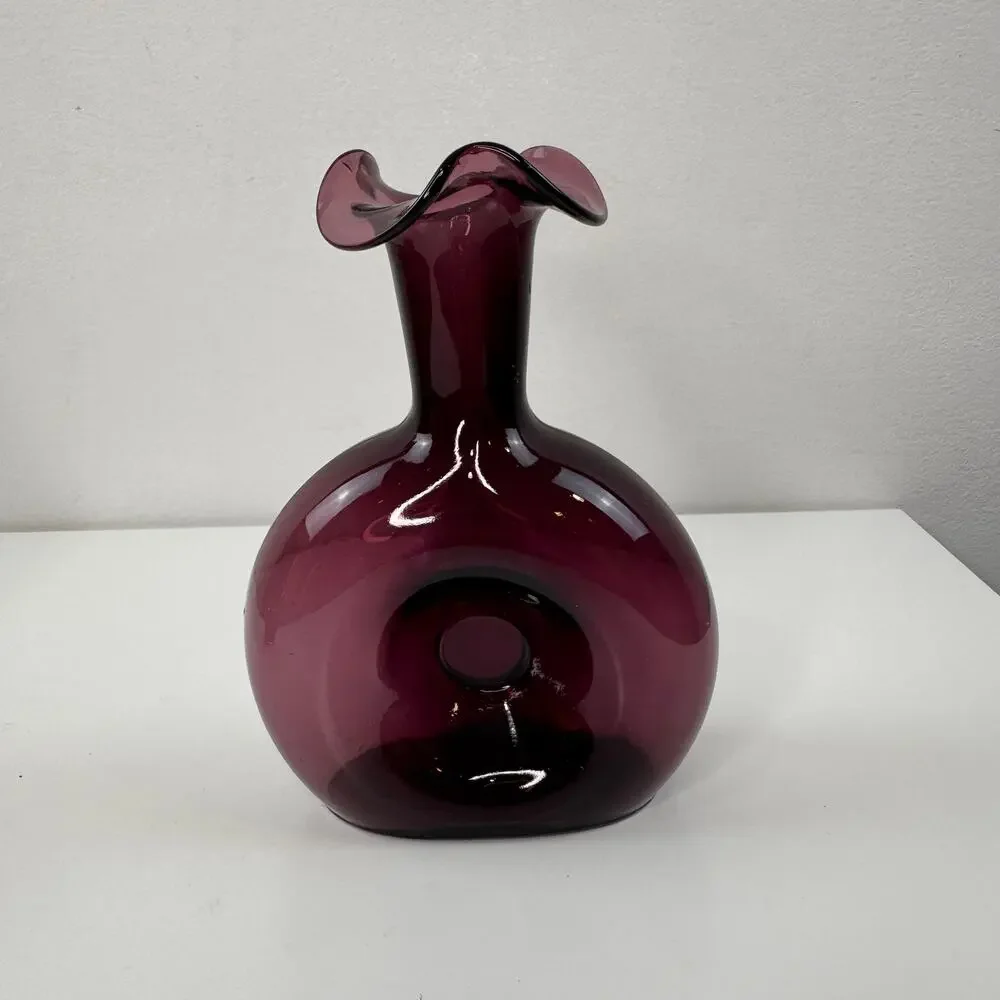 Set 2 Vintage BLENKO Pinched Donut Purple Amethyst Tulip Vase Glass Teardrop MCM